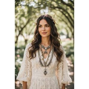 Celestial Moon Layered Statement Necklace Metal Rhinestone Vintage Bohemian